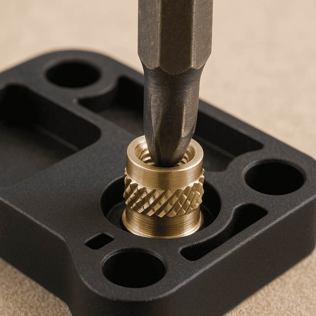 Brass insert being installed in a plastic component