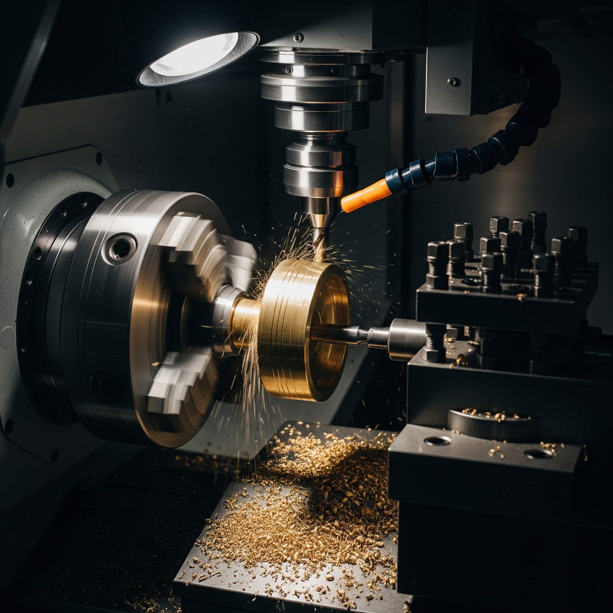 CNC lathe machine actively working on a precision brass part, dark theme.