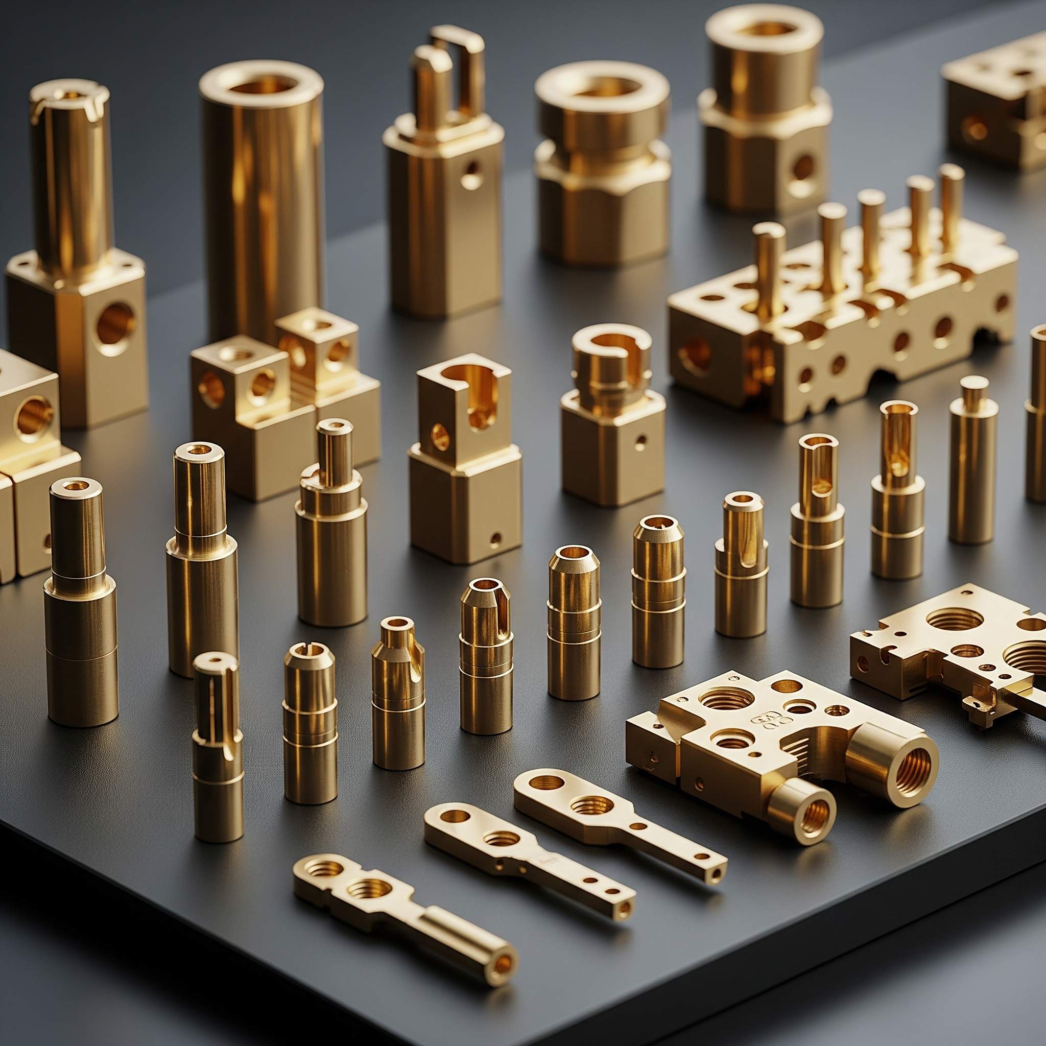 Custom-made brass terminals, pins, and switchgear components for electrical applications.